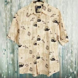 Puritan camp themed button down shirt